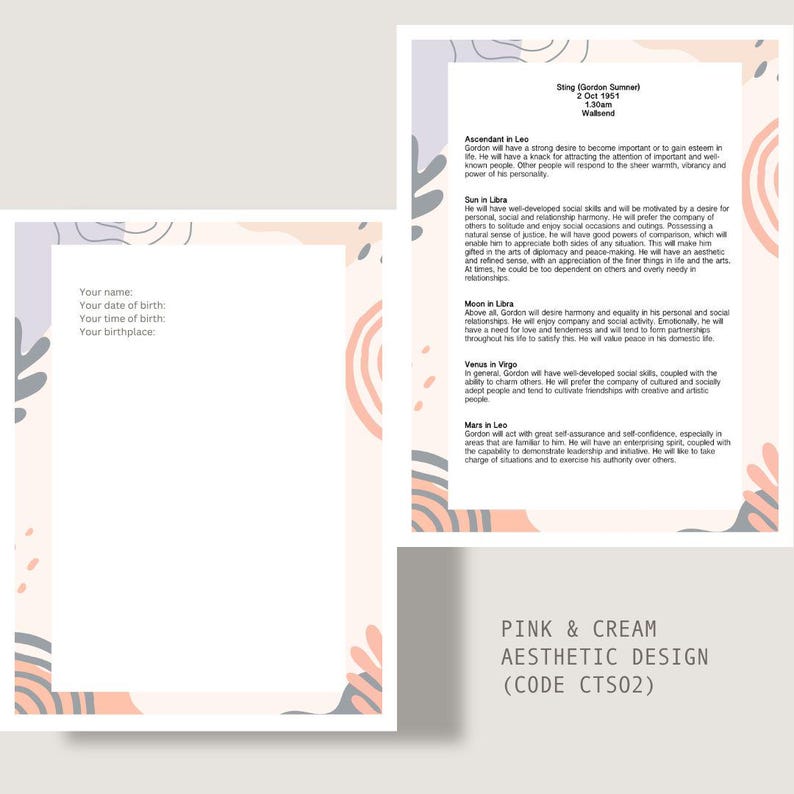 May include: Aesthetic pink and cream design featuring astrological information. The design includes a birth chart and a detailed reading. The text includes the name "Sting", date of birth, and time of birth.
