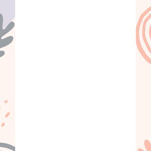 May include: A blank white rectangle with a soft, abstract border design. The frame features organic shapes in muted colours: peach, grey, and lavender. The overall aesthetic is minimalist and modern, suitable for stationery or art prints.