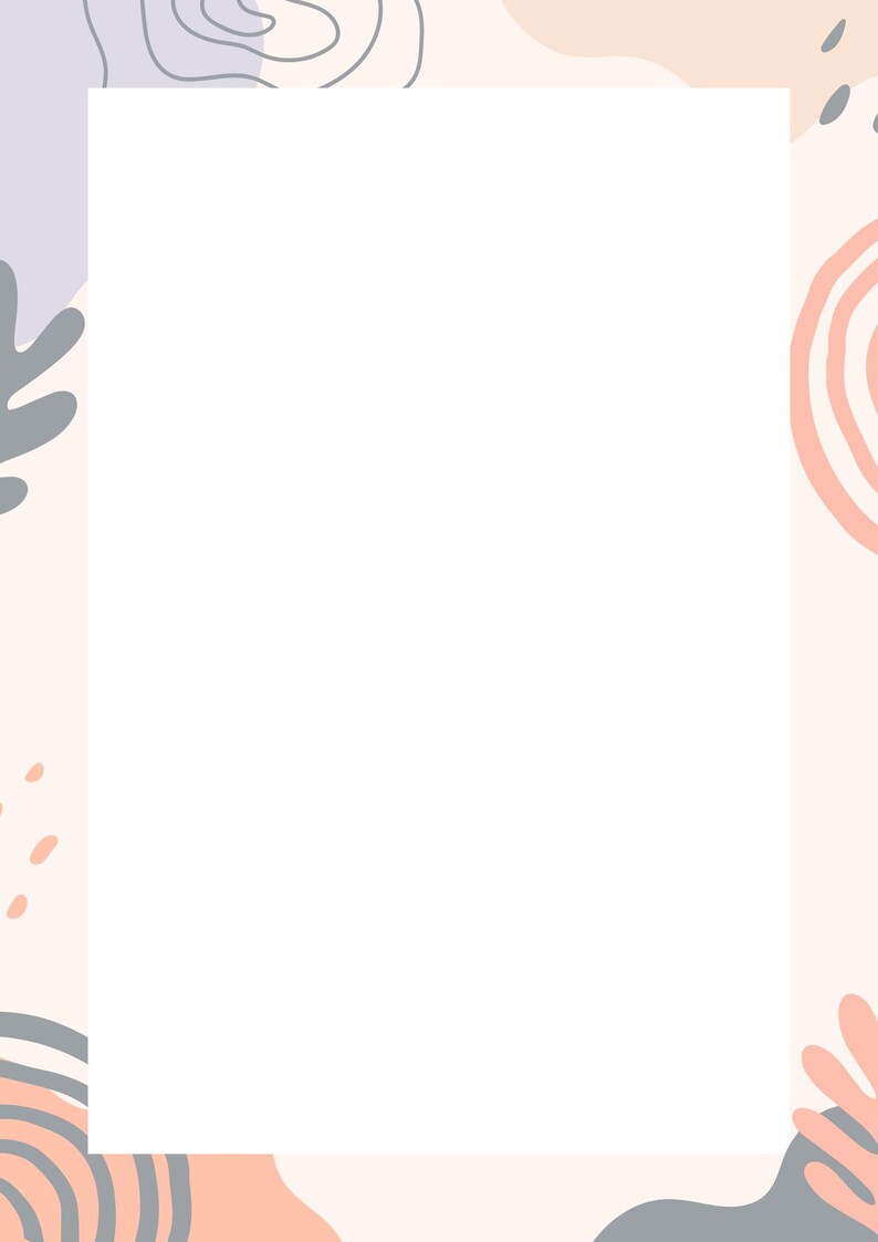 May include: A blank white rectangle with a soft, abstract border design. The frame features organic shapes in muted colours: peach, grey, and lavender. The overall aesthetic is minimalist and modern, suitable for stationery or art prints.