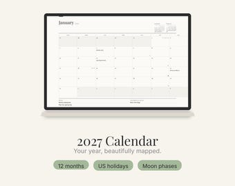 2027 Calendar Printable | Minimalist Monthly Wall Calendar with Holidays & Moon Phases | PDF