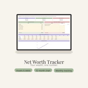 Op de afbeelding: Een digitaal spreadsheet voor het bijhouden van het nettovermogen op een scherm, met secties voor activa, passiva en een grafiek over 12 maanden. De tekst luidt Net Worth Tracker, Your wealth, one number, Assets & debts, 12-month chart, Monthly tracking.