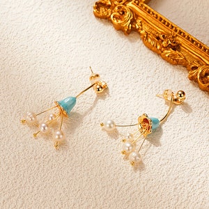 Enamel Flower Freshwater Pearl Earrings/Baroque Pearl & Enamel Flower Earring/Pearl Dangle Earring/Flower Earring/Birthday Gift/Gift For Her