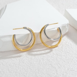 Geometric Mixed Metal Huggie Earrings/Gold & Silver Dangle Studs for Women/Modern Everyday Jewelry/Minimalist Earrings/Two Tone Earrings