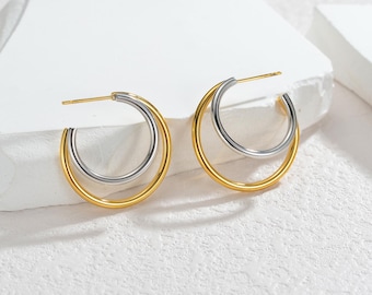 Geometric Mixed Metal Huggie Earrings/Gold & Silver Dangle Studs for Women/Modern Everyday Jewelry/Minimalist Earrings/Two Tone Earrings
