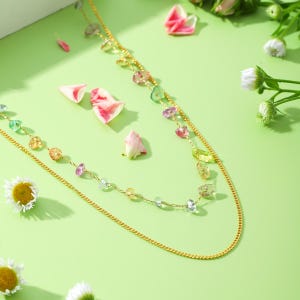 Double Layer Gemstone Necklace/Gold Plated Stainless Steel with Colorful Natural Stones/Raw Crystal Bohemian Jewelry/Artisan Statement Piece