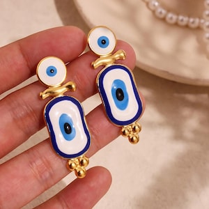 Handmade Evil Eye Earrings - Turkish Enamel Jewelry | 18K Gold Plated Protection Charm | Boho Statement Dangle Earrings | Gift for Her