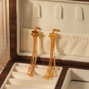 Long Fringe Earring - 18K Gold Plated Cascading tassels - Event Statement Jewelry - No Fade Guarantee - Delicate Flower Jewelry Gift for Her