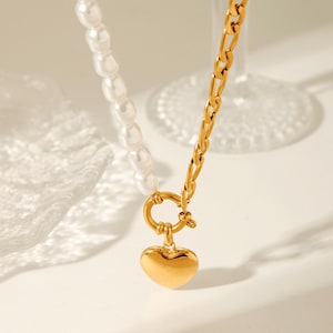 Gold filled chain and Baroque pearl toggle Necklace,Baroque Pearl Link Chain Necklace,Half Chain Half Pearl Necklace,Love pendant chain gift