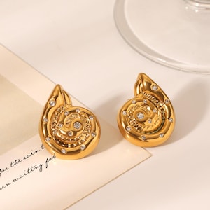 18K Gold Conch Earrings - Prong-Set Zirconia on Stainless Steel - Textured Shell Statement Studs - Mermaidcore Jewelry for Women