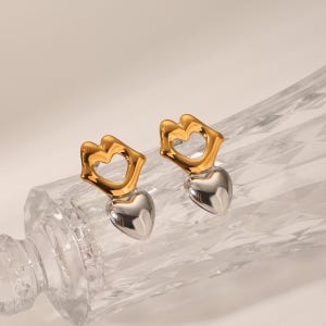 Geometric Mixed Metal Huggie Earrings/Gold & Silver Dangle Studs for Women/Modern Everyday Jewelry/Minimalist Earrings/Two Tone Earrings