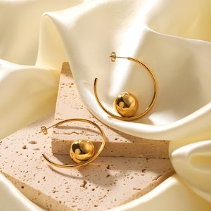 Minimalist Gold Ball Stud Earrings/Minimalist C-Shaped 18K Gold Hoops – Everyday Elegant Earring/Gift For Her/Gold Dangle Studs for Women