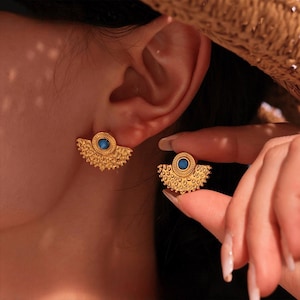 Peacock Feather Earrings,Natural Blue Turquoise in 18K Gold,Handcrafted Fan Shape Studs,Bohemian Statement Jewelry for Women,Gift for Her