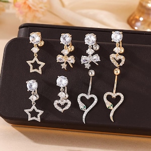 Piercing para el ombligo con forma de corazón y estrella brillante/Piercing para el ombligo con piedra preciosa CZ/Delicado anillo para el ombligo/Joyería corporal para mujer