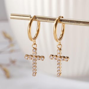 Diamond Cross Earring/Cross Earring/Dainty Cubic Zirconia Cross Earrings/Tiny Hoop Earrings/Religious Jewelry/Valentine's Gifts/Gift For Her