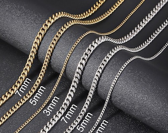 3mm,5mm,7mm Wide Gold Cuban Chain For Men,Stainless Steel Chain Necklace,Gift For Boyfriend,Matching chain,Gift For Her
