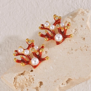 Romantic Coral & Zirco Pearl Stud Earrings/Gold Plated Jewelry/Dainty Boho Jewelry/Gift for Her/Elegant Everyday Jewelry