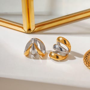 Geometric Mixed Metal Huggie Earrings/Gold & Silver Dangle Studs for Women/Modern Everyday Jewelry/Minimalist Earrings/Two Tone Earrings