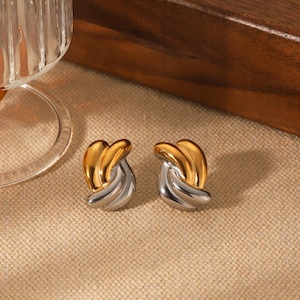 Geometric Mixed Metal Huggie Earrings/Gold & Silver Dangle Studs for Women/Modern Everyday Jewelry/Minimalist Earrings/Two Tone Earrings