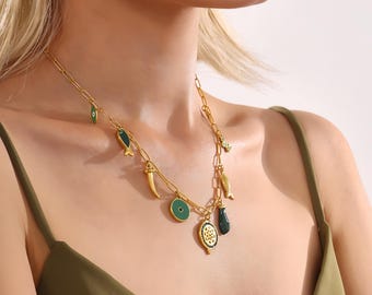 Collar con dije de cadena de oro, collar de cuentas, collar con dije de verano, collar grueso vintage, regalo del día de la madre, regalo para ella, regalos de cumpleaños