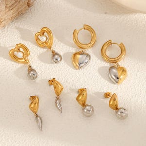 Geometric Mixed Metal Huggie Earrings/Gold & Silver Dangle Studs for Women/Modern Everyday Jewelry/Minimalist Earrings/Two Tone Earrings