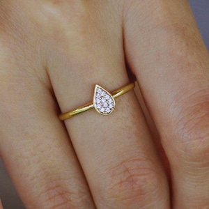 14K Solid Gold Raindrop Ring: Dainty Pave Halo, Handmade
