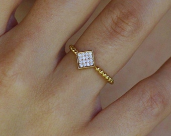 14K Solid Gold Diamond Square Ring: Beaded Band Stacking Ring