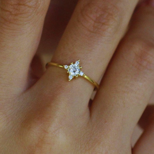 14K Solid Gold North Star Ring: Dainty Engagement Ring