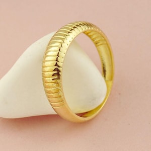 14K Solid Gold Croissant Ring: Striped Textured Stackable Band