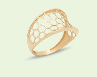14K Solid Gold Honeycomb Ring: Geometric Hexagon Band