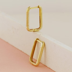 14k Solid Gold Geometric Rectangle Hoop Earrings: Modern Minimalist Jewelry