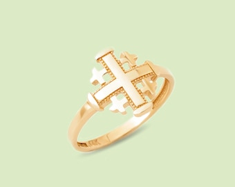 14K Solid Gold Jerusalem Cross Ring: Christian Symbol