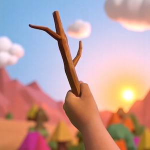Peut inclure: Un bâton en bois brun avec trois branches est tenu contre un fond de dessin animé représentant un coucher de soleil, des nuages et des montagnes. Le bâton est de couleur brun clair et a une texture rugueuse.