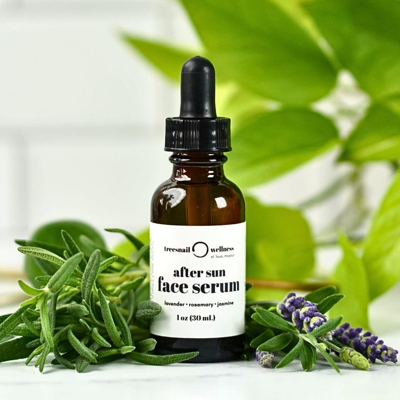 Natural After Sun Face Serum by Treesnail Wellness, made with carrier oils, essential oils, and bakuchiol (a natural retinol alternative).