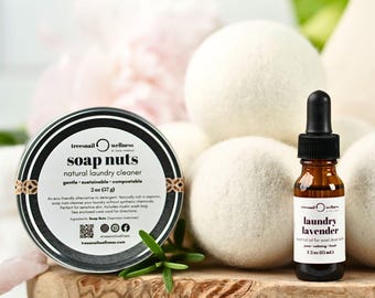Natural Laundry Starter Set • Soap Nuts, Wool Dryer Balls & Lavender Oil • Plant-Based Chemical-Free Laundry Kit
