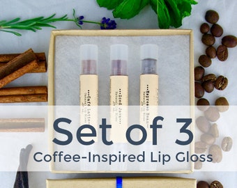 Coffee Tinted Lip Balm Set / 3 Organic Lip Glosses / Brown Lip Tint / Natural Makeup / Organic Lip Balm / Natural Lip Gloss / Coffee Gifts