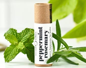 Peppermint Rosemary Natural Lip Balm – Organic Beeswax Cooling Herbal Blend (.30 oz Eco Tube)