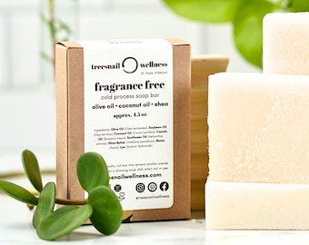 Fragrance Free Soap Bar (Olive Oil + Shea) • Dye-Free, Plastic-Free Packaging • Eco-Friendly, All Natural Unscented Soap • 4 oz Vegan Soap