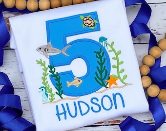 Shark Under the sea birthday shirt - shark, starfish, seahorse and turtle shirt