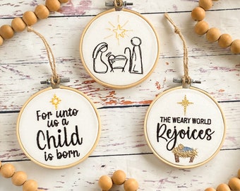 Nativity embroidered hoop ornament - The Weary World Rejoices