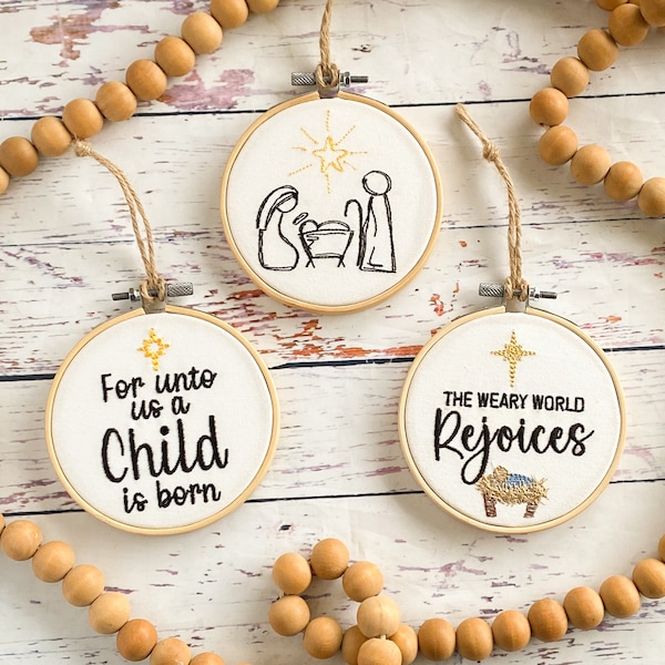 Nativity embroidered hoop ornament - The Weary World Rejoices