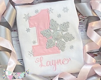 Girls Pink Snowflake Winter Onederland birthday shirt - Silver Snow birthday shirt