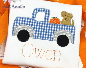 Personalized Boys Fall Shirt – Embroidered Plaid Truck, Puppy & Pumpkin