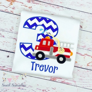 Embroidered Firetruck Birthday Shirt - Personalized Fireman Party