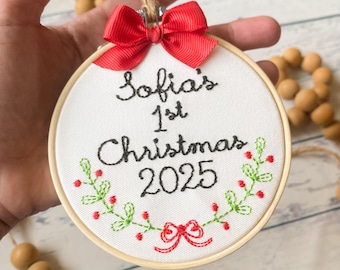 Babys First Christmas Personalized Hoop Ornament - Simple Farmhouse Wreath Ornament