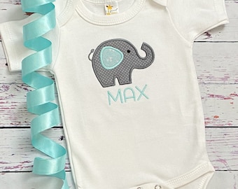 Personalized Elephant Baby Bodysuit – Blue & Gray Shower Gift