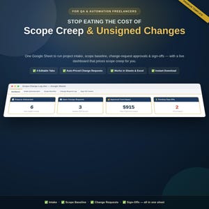 Op de afbeelding: Een digitaal sjabloon voor Google Sheets en Excel getiteld Stop Eating the Cost of Scope Creep & Unsigned Changes. Het bevat een dashboard met vier statistieken: Projects Onboarded, Open Change Requests, Approved Cost Impact en Pending Sign-Offs.
