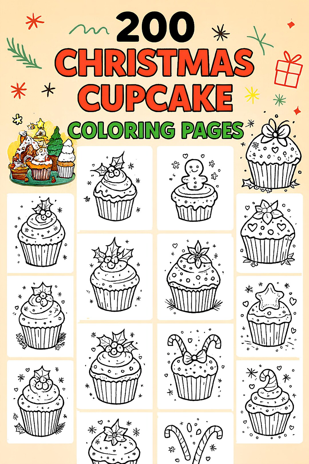 200 Christmas Cupcake Coloring Pages, Holiday Activity (PDF Pattern) - Etsy