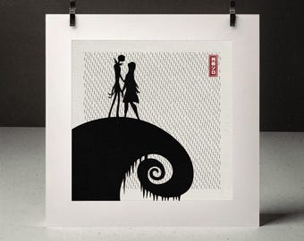 Jack y Sally de ensōlo - póster de película minimalista - siluetas geek - montado