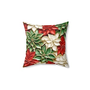 Christmas Floral Pillow - Christmas Decor - Christmas Pillow - Poinsettia Pillow - Spun Polyester Square Pillow