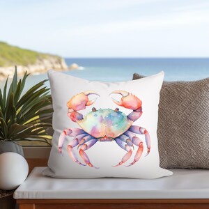 Watercolor Crab Pillow, Sea Life Pillow, Sea Decor, Beach Decor, Sea Pillow, Sea Animal Decor, Spun Polyester Square Pillow